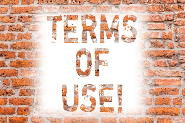 Text sign showing Terms Of Use. Conceptual photo Established conditions for using something Policies Agreements Brick Wall art like Graffiti motivational call written on the wall.