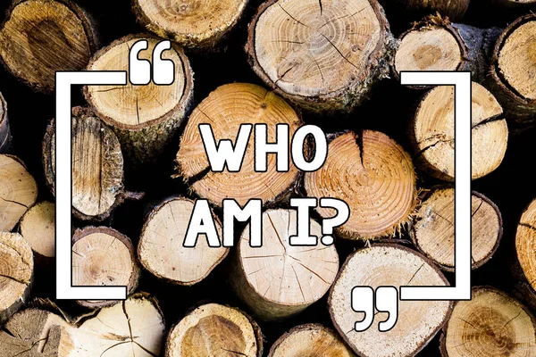 Conceptual hand writing showing Who Am I. Business photo text Introduce Identify yourself demonstratingality likes dislikes profile Wooden background vintage wood wild message ideas thoughts.
