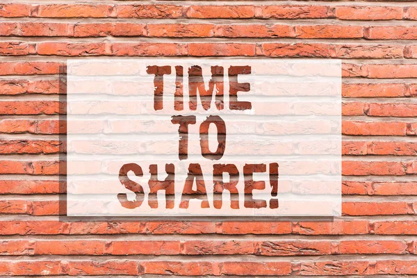 Text sign showing Time To Share. Conceptual photo Communicate with your friends and family spread the word Brick Wall art like Graffiti motivational call written on the wall.