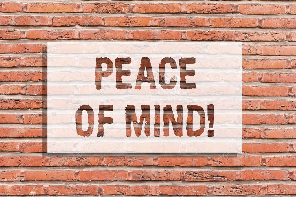Text sign showing Peace Of Mind. Conceptual photo To be peaceful happy with things you have done and accomplish Brick Wall art like Graffiti motivational call written on the wall.