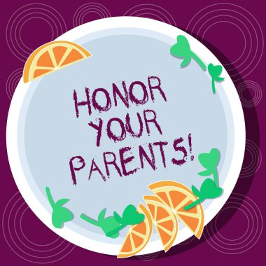 Metin onur Sayın veliler yazılı kelime. İş kavramı yüksek saygı büyük saygısı ailen için yaşlı kesik dilimlenmiş limon kama ve bitki yaprakları boş yuvarlak renkli plaka üzerinde.