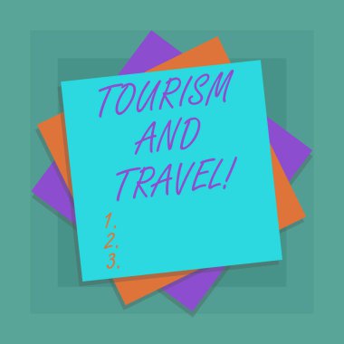 Kavramsal el turizm ve seyahat gösterilen yazma. Eğlenceli turist birden çok katman, sayfaları renk kağıt karton gölge ile accomodating çeken fotoğraf vitrine işletmeler.
