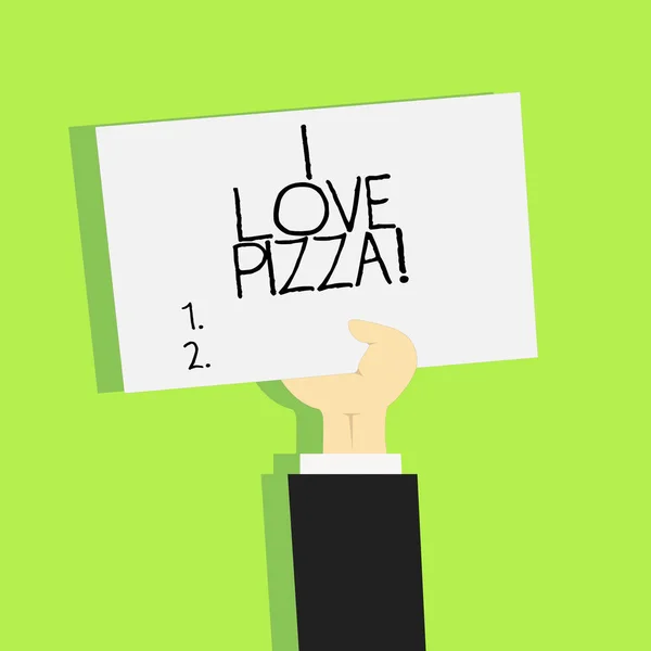 Escrevendo uma nota mostrando que eu amo pizza. Foto de negócios mostrando para gostar de muita comida italiana com queijo presunto pepperoni em fatias . — Fotografia de Stock