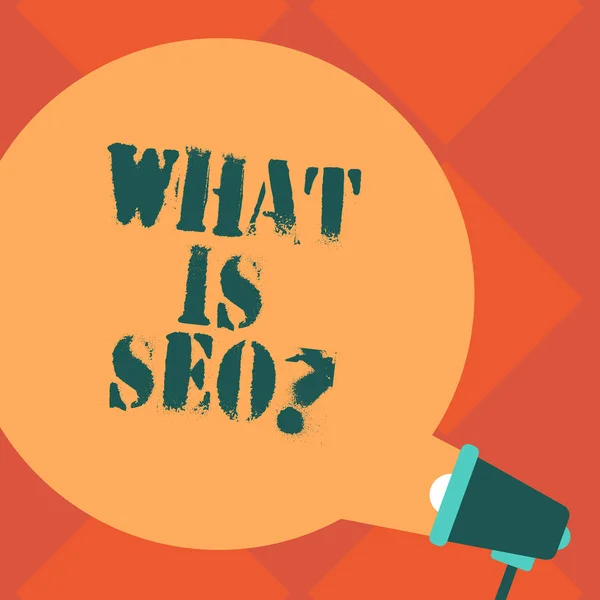 Handgeschreven tekst wat Is Seo. Begrip betekenis Search Engine Keywording Marketing Online zoeken strategieën lege ronde kleur toespraak Bubble Coming Out of megafoon voor aankondiging. — Stockfoto