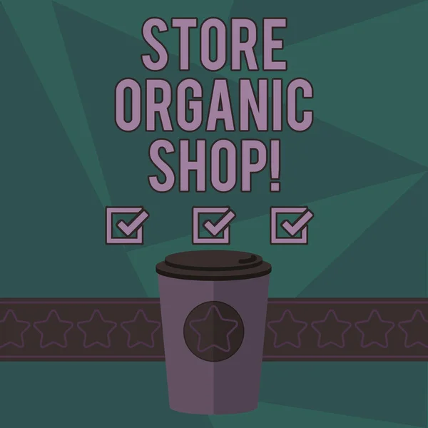 Note d'écriture montrant Store Organic Shop. Photo d'affaires mettant en valeur le type d'épicerie qui vend principalement des aliments santé Coupe 3D Coffee To Go avec couvercle de couvercle et étoiles sur bande espace de texte vide . — Photo