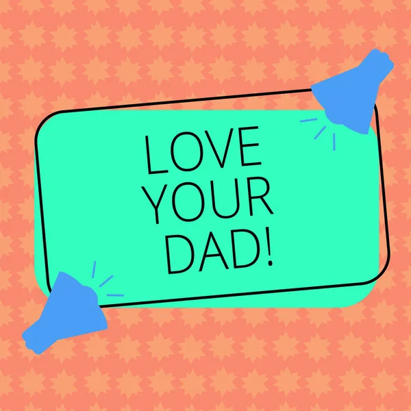 Пишу записку, показывающую "Люби своего отца". Два мегафона со звуковой иконкой на цветной очерченной прямоугольной фигуре . — стоковое фото