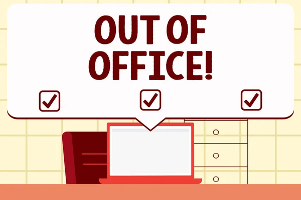 Escrevendo nota mostrando Out Of Office. Foto de negócios mostrando Fora do trabalho Ninguém no negócio Break Lazer Relaxe o tempo . — Fotografia de Stock