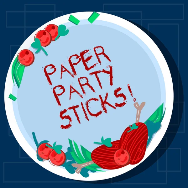 Writing note showing Paper Party Sticks. Business photo showcasing colored shapes of hard paper used create emojis Hand Drawn Lamb Chops Herb Spice Cherry Tomatoes on Blank Color Plate.