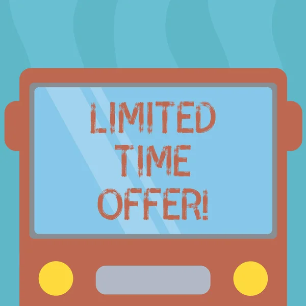 Conceptual hand writing showing Limited Time Offer. Business photo text special item available for clearly defined short period Drawn Flat Front View of Bus with Window Shield Reflecting.