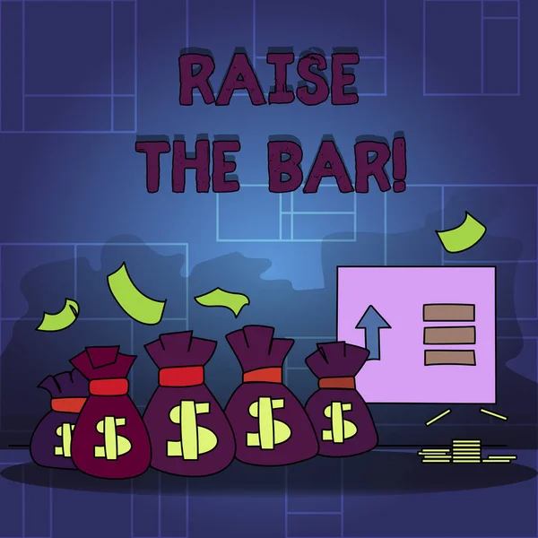 Handgeschreven tekst Raise The Bar. Begrip betekenis Set hogere normen uitdagingen op zoek naar excellentie. — Stockfoto