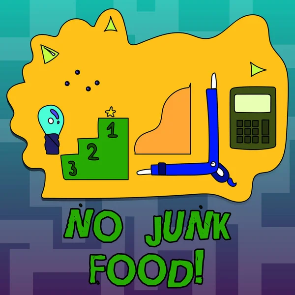 Tekst bord toont geen Junk Food. Conceptuele foto Stop eten van ongezonde dingen gaan op een dieet opgeven hamburgers frietjes. — Stockfoto