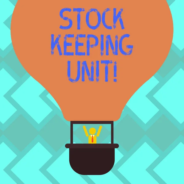 Text sign showing Stock Keeping Unit. Conceptual photo product and service identification code store or product Hu analysis Dummy Arms Raising inside Gondola Riding Blank Color Air Balloon.
