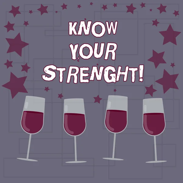 Signo de texto que muestra Conoce tu fuerza. Foto conceptual que identifica la calidad o el estado de ser fuerte en copas de vino de cóctel rellenas con estrellas dispersas como Confetti Stemware . — Foto de Stock