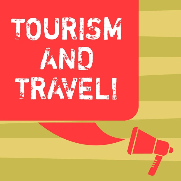 Text tecken visar turism och resor. Konceptuella foto företag att locka tillmötesgående underhållande turister färg siluett av Tom Square pratbubbla och Megaphone Foto. — Stockfoto