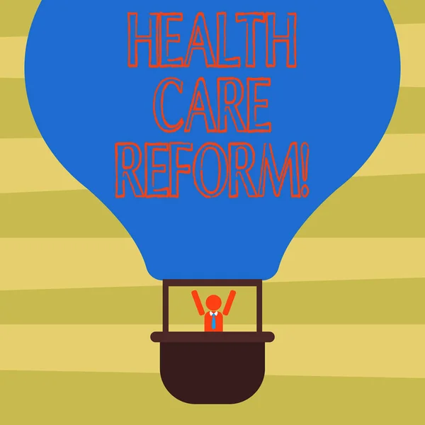 医療保険制度改革を示すテキスト記号。主要な医療政策ダミー ゴンドラに乗って空の色、熱気球の中腕を上げる胡分析を議論するために使用される概念的な写真一般的なルーブリック. — ストック写真