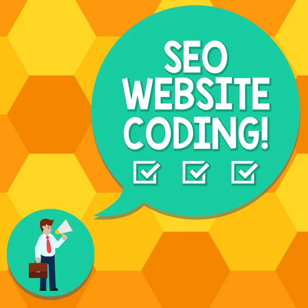 Scrittura di testi a mano Seo Website Coding. Concetto significato creare sito in modo da renderlo più visibile al motore di ricerca Uomo in cravatta Carrying Carefcase Holding Megaphone Blank Speech Bubble . — Foto Stock