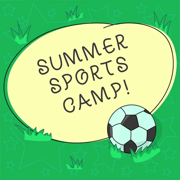Handwriting text Summer Sports Camp. Concept meaning providing facilities for sleeping eating and handicrafts Soccer Ball on the Grass and Blank Outlined Round Color Shape photo.