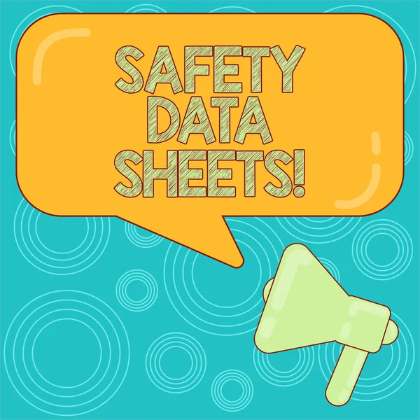 단어 텍스트 안전 데이터 시트를 작성 합니다. 비즈니스 문서에 대 한 개념 산업 안전 확성기 사진 및 반사와 빈 사각형 색상 연설 거품 관련 정보 나열. — 스톡 사진