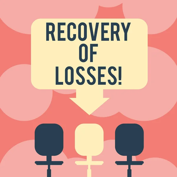 Writing note showing Recovery Of Losses. Business photo showcasing to get better after being ill regain or make up for Space Color Arrow Pointing to One of the Three Swivel Chairs.