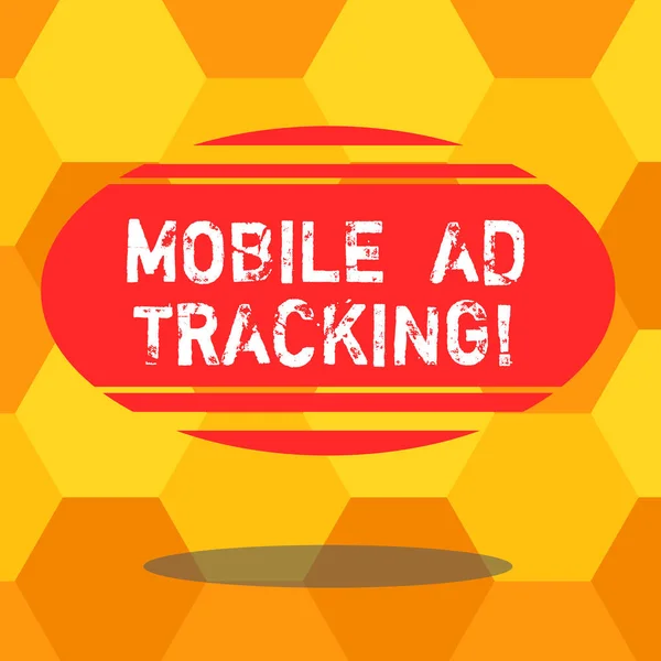 Handwriting text writing Mobile Ad Tracking. Concept meaning monitor brand perforanalysisce including advertising awareness Blank Color Oval Shape with Horizontal Stripe Floating and Shadow photo. — Stock Photo, Image