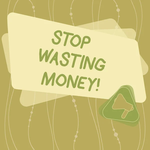 Writing note showing Stop Wasting Money. Business photo showcasing avoid dissipation waste useless or profitless activity Megaphone Inside Triangle and Blank Color Rectangle for Announcement.