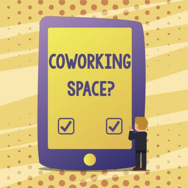 El yazısı metin Coworking Spacequestion. Anlam kavramı iş çalışmaya sağlayan paylaşılan ofis hizmetleri.