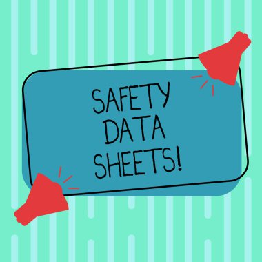 Word writing text Safety Data Sheets. Business concept for document lists information relating occupational safety Two Megaphone with Sound icon on Blank Color Outlined Rectangular Shape. clipart