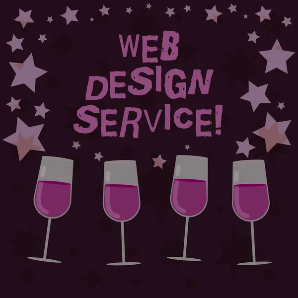 Texto de escritura a mano Web Design Service. Concepto que significa proceso de desarrollo para la creación de sitios web enfoca factores copas de vino de cóctel rellenas con estrellas dispersas como Confetti Stemware . — Foto de Stock