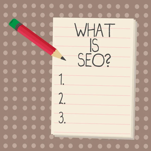 Tekst teken weergegeven: Wat Is Seo. Conceptuele foto zoekmachine Keywording Marketing Online zoeken strategieën. — Stockfoto