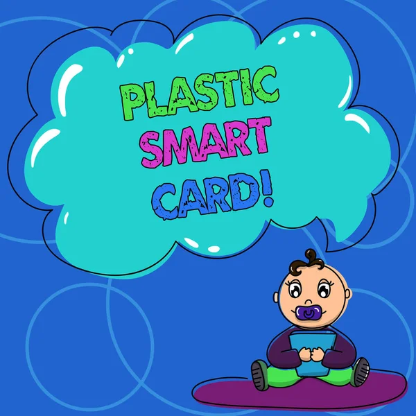 Conceptuele hand schrijven weergegeven: Plastic Smart Card. Business foto tekst beveiligingstoken die intelligente chip Baby Sitting op tapijt met fopspeen boek en Cloud tekstballon ingesloten. — Stockfoto