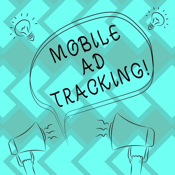 Text sign showing Mobile Ad Tracking. Conceptual photo monitor brand perforanalysisce including advertising awareness Freehand Outline Sketch of Blank Speech Bubble Megaphone Sound Idea Icon.