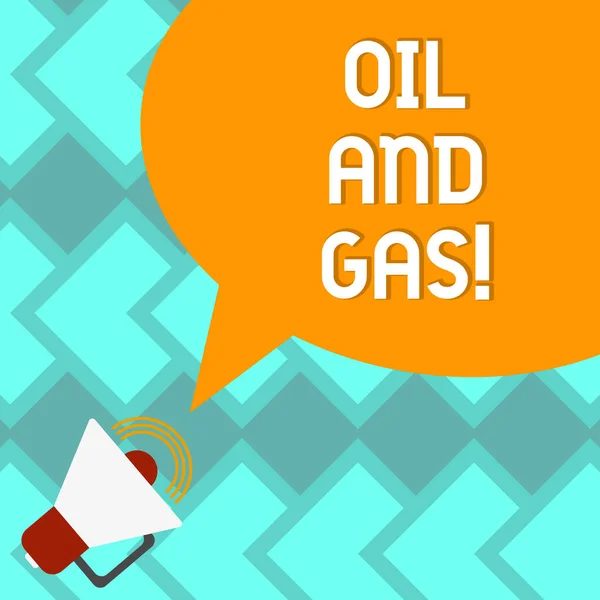 Text sign showing Oil And Gas. Conceptual photo Exploration Extraction Refining Marketing petroleum products Megaphone with Sound Volume Icon and Blank Color Speech Bubble photo. — Stock Photo, Image