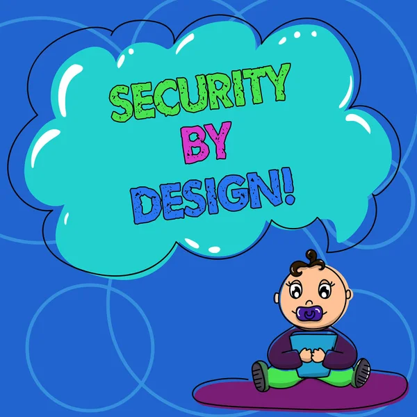 显示安全设计的概念手写。商务照片文本软件的设计已经从基础到安全的婴儿坐在地毯与安抚器书和云语音气泡. — 图库照片