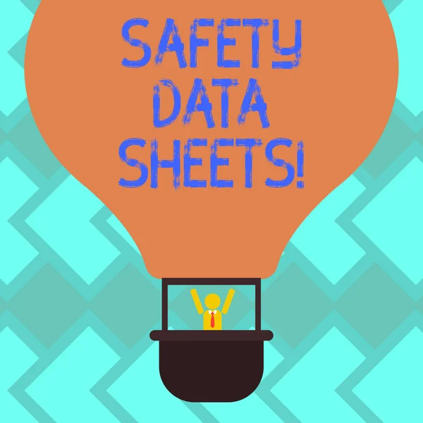 텍스트 로그인 안전 데이터 시트를 표시 하십시오입니다. 개념 사진 문서에서는 산업 안전 더미 팔 곤돌라를 타고 빈 색상 공기 풍선 안에 높이 Hu 분석 관련 정보. — 스톡 사진