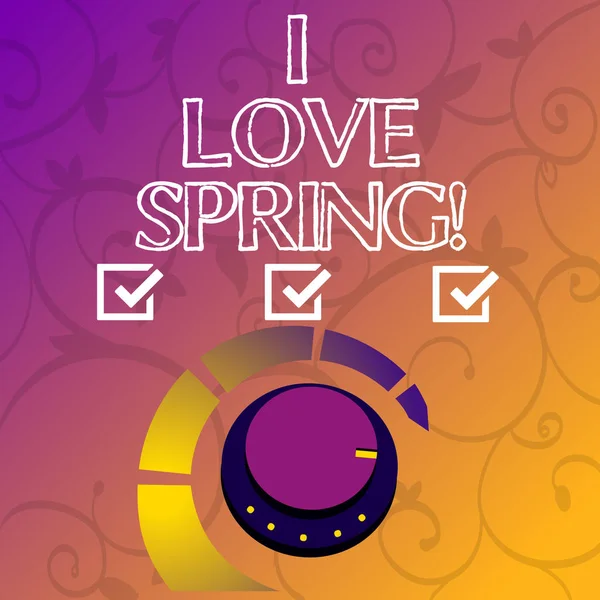 Escritura de mano conceptual que muestra I Love Spring. Foto de negocios mostrando el afecto por la temporada del año donde hay muchas flores . —  Fotos de Stock
