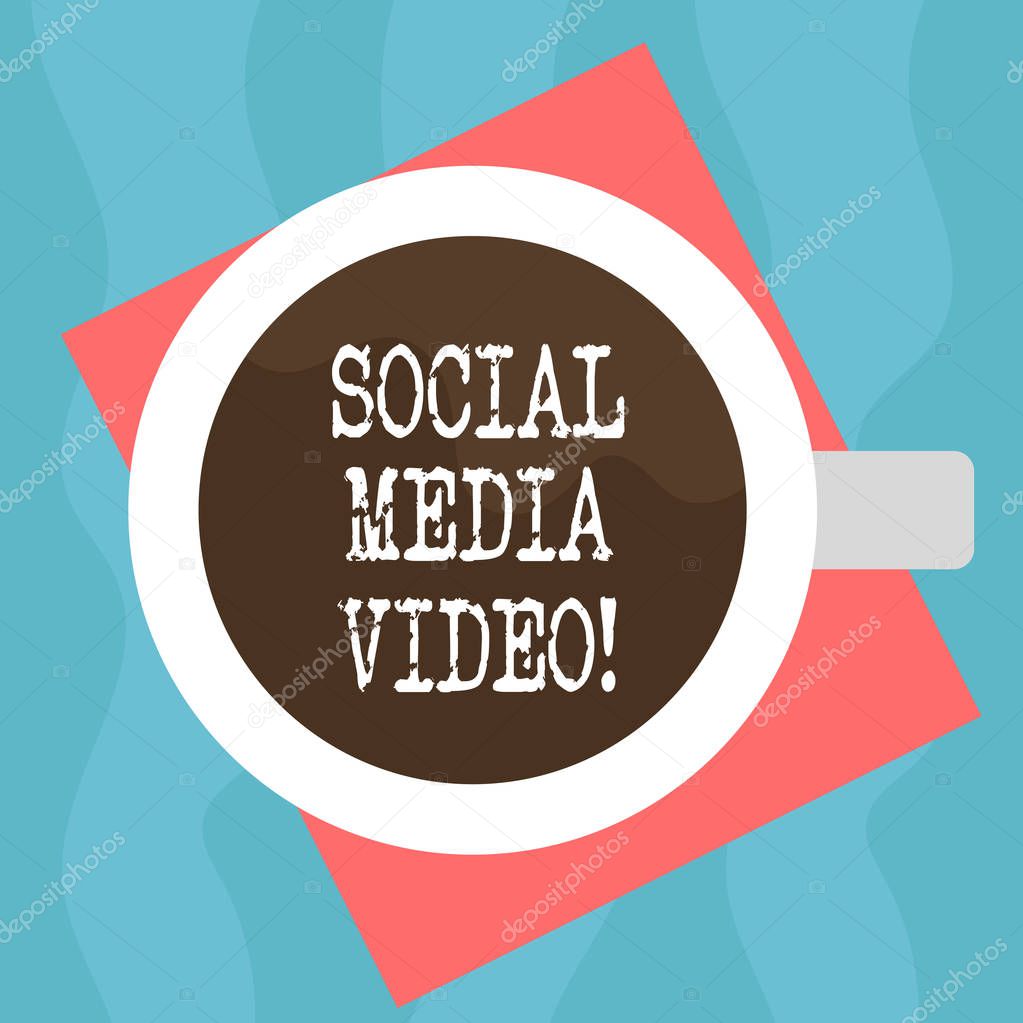 Conceptual hand writing showing Social Media Video. Business photo showcasing website to share moments or content between friends Top View of Drinking Cup Filled with Beverage on Color Paper.