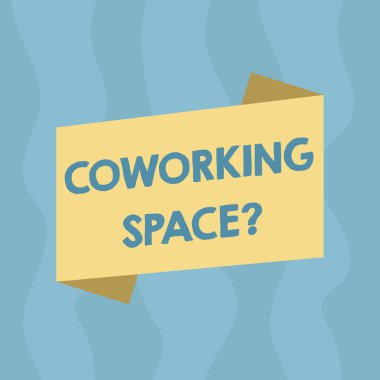 Kavramsal el Coworking Spacequestion gösterilen yazma. İş Hizmetleri boş renk katlanmış afiş şerit tarzı duyuru Poster çalışması için paylaşılan ofisleri vitrine iş fotoğraf.