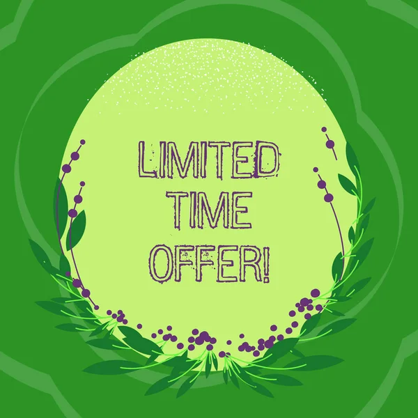 Handwriting text Limited Time Offer. Concept meaning special item available for clearly defined short period Blank Color Oval Shape with Leaves and Buds as Border for Invitation.
