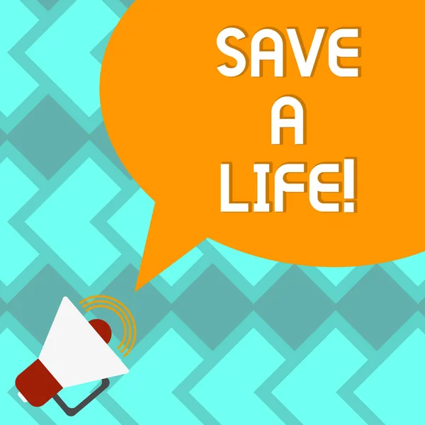 Sinal de texto mostrando Save A Life. Foto conceitual Ajude a ajudar a salvar alguém de um problema médico ou lesão Megafone com ícone de volume de som e cor em branco Speech Bubble foto . — Fotografia de Stock