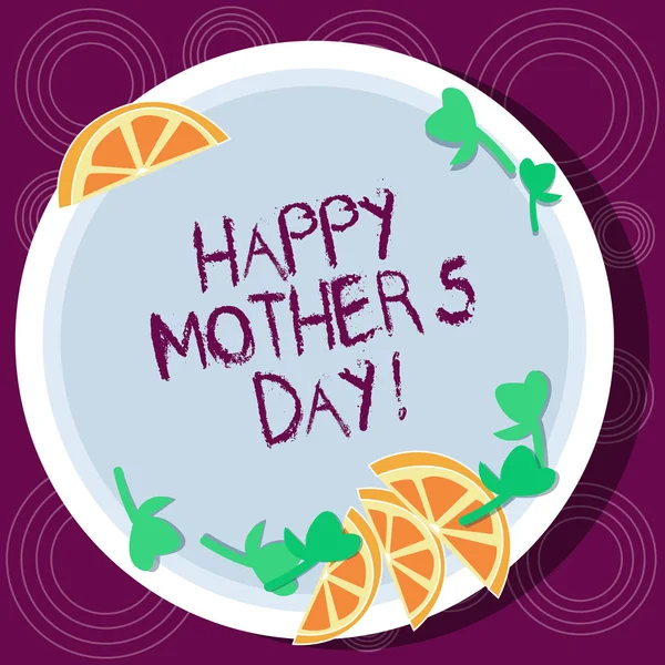 Word writing text Happy Mother S Is Day. Business concept for celebration honoring mums and celebrating motherhood Cutouts of Sliced Lime Wedge and Herb Leaves on Blank Round Color Plate.