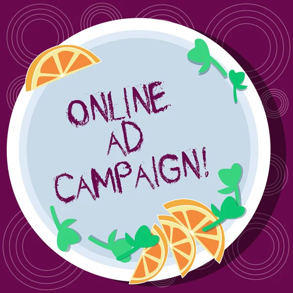 Word writing text Online Ad Campaign. Business concept for marketing effort put forward by company drive engagement Cutouts of Sliced Lime Wedge and Herb Leaves on Blank Round Color Plate.