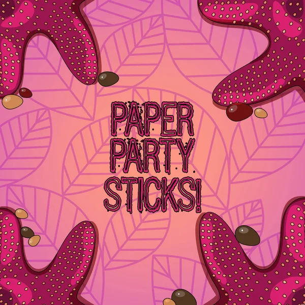 Text sign showing Paper Party Sticks. Conceptual photo colored shapes of hard paper used create emojis Starfish photo on Four Corners with Colorful Pebbles for Poster Ads Cards.