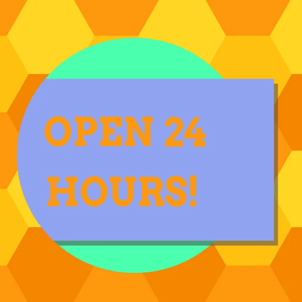 Handwriting text Open 24 Hours. Concept meaning Working all day everyday business store always operating Blank Rectangular Color Shape with Shadow Coming Out from a Circle photo.