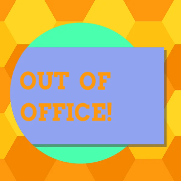 Handwriting text Out Of Office. Concept meaning Outside the job Nobody in business Break Leisure Relax time Blank Rectangular Color Shape with Shadow Coming Out from a Circle photo.