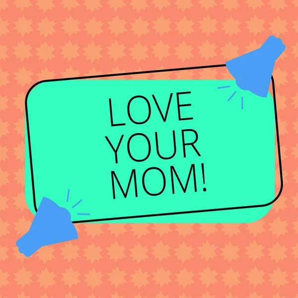 写笔记显示爱你的妈妈。商业照片展示有良好的感觉, 你的母亲爱的情绪两个扩音器与声音图标上的颜色概述矩形形状. — 图库照片