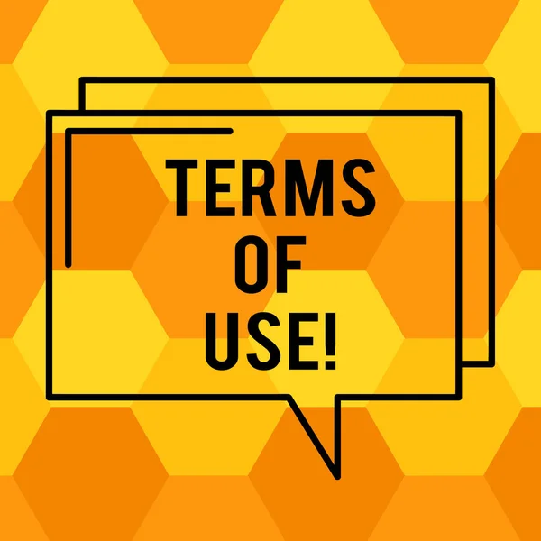 Handwriting text writing Terms Of Use. Concept meaning Established conditions for using something Policies Agreements Rectangular Outline Transparent Comic Speech Bubble photo Blank Space.