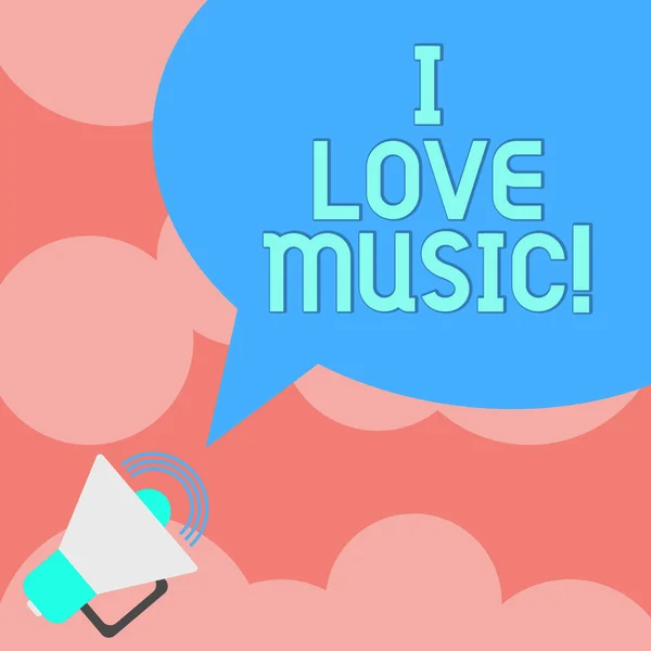 Piśmie Uwaga Wyświetlono I Love Music. Biznesowe zdjęcie prezentujący posiadanie uczucia dla dobra brzmi liryczny śpiewaków muzyków megafon z ikony głośności dźwięku i puste dymek kolor zdjęcie. — Zdjęcie stockowe