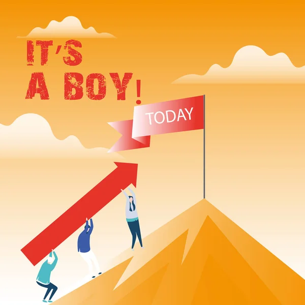 Текстовый знак "Это мальчик". Концептуальное фото в ожидании ребенка мужского пола милые голубые цвета много автомобильных игрушек . — стоковое фото