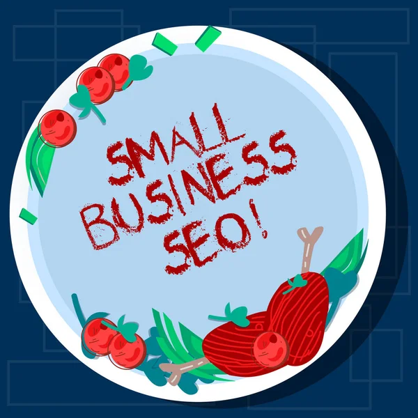 Σύνταξη σημείωσης δείχνει Small Business Seo. Επαγγελματίες φωτογραφία προβάλλοντας ανήκει και λειτουργεί εταιρεία που είναι περιορισμένη σε μέγεθος χέρι που αρνί παϊδάκια βότανο μπαχαρικό ντοματίνια σε κενή πλάκα χρώματος. — Φωτογραφία Αρχείου