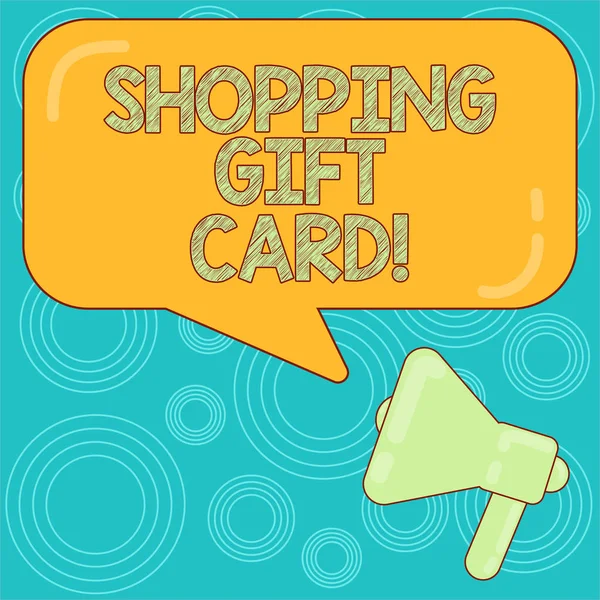 Ord skriva text Shopping gåva Card. affärsidé för papper som du köp på shop och ge till någon Megaphone foto och Blank rektangulär färg pratbubblan med reflektion. — Stockfoto